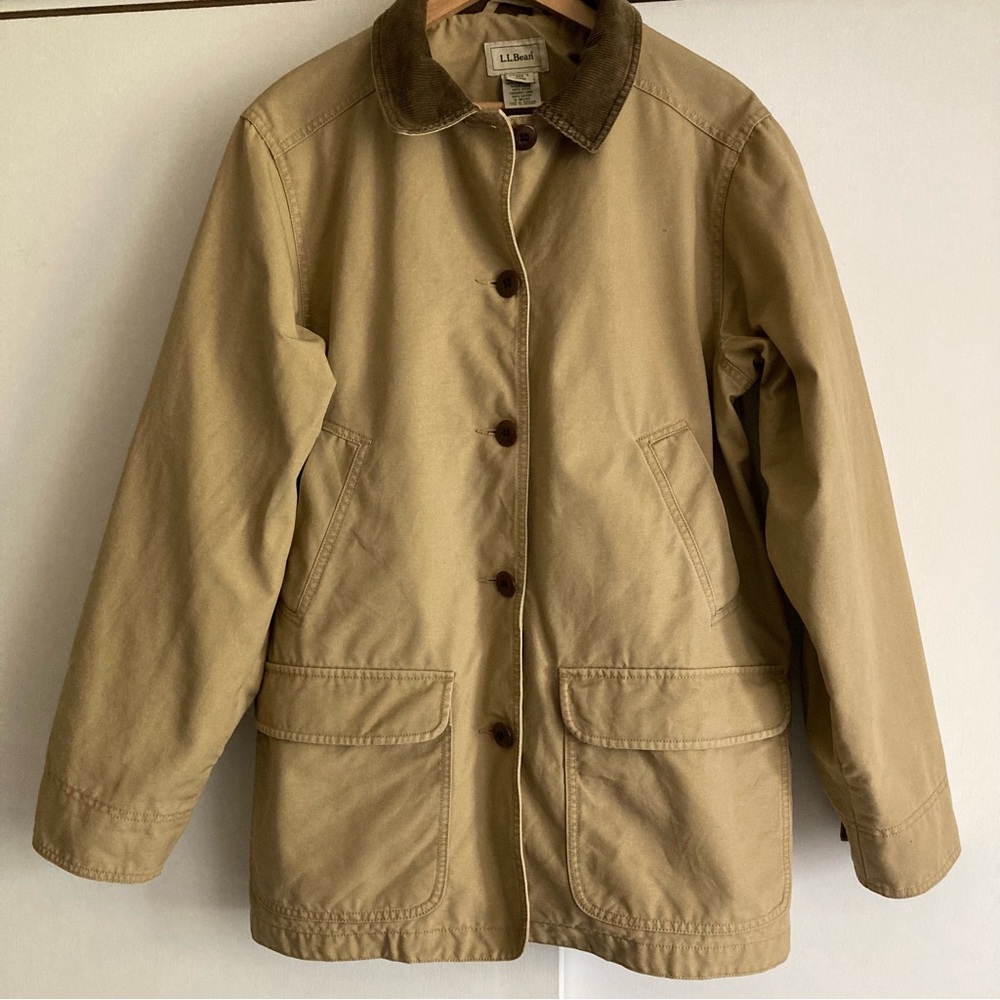 L.L. Bean VTG Women’s Lined Chore Barn Tan Khaki Jacket w Corduroy Trim, Sz L - Picture 2 of 14
